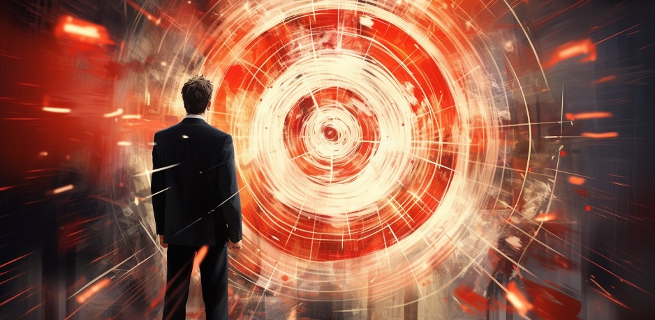 Sylistic AI generated image of a man standing in front of a large target board 